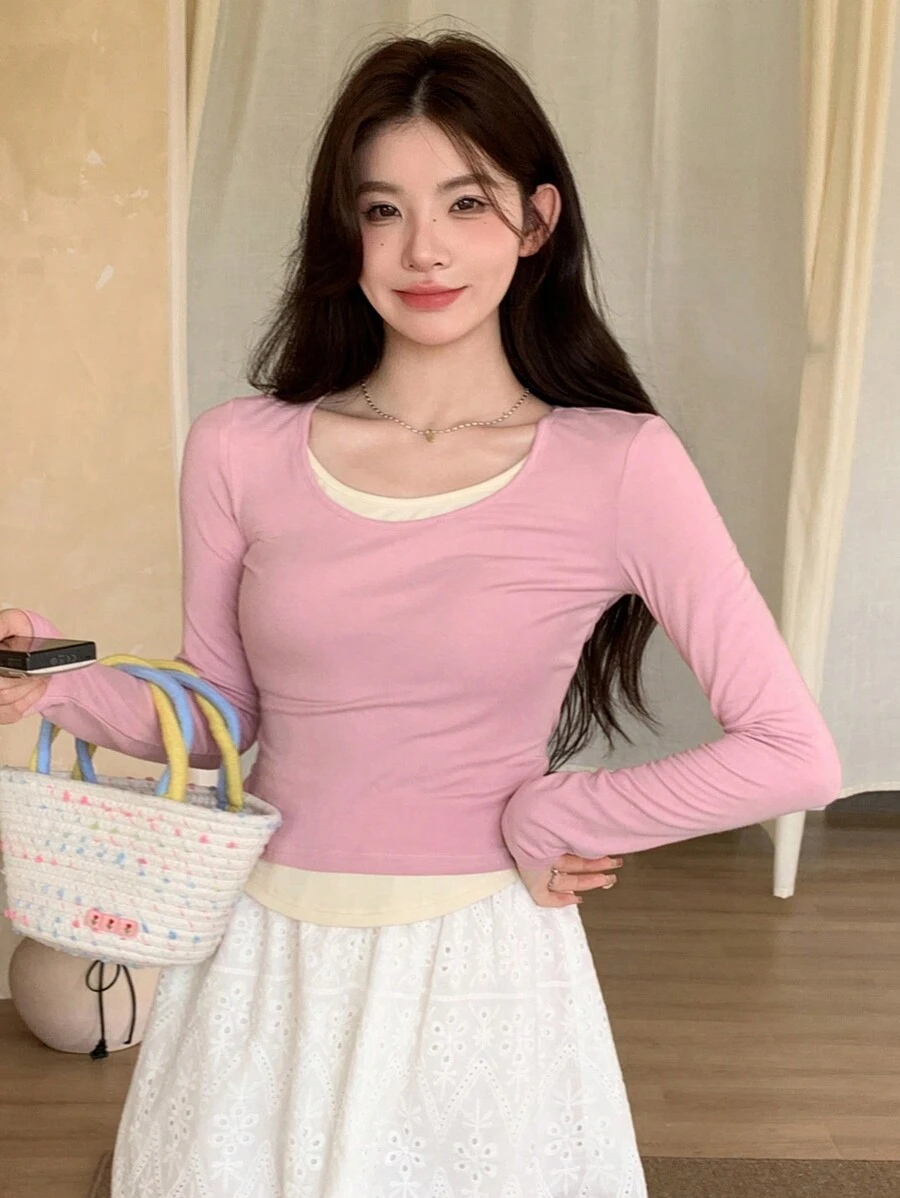 DAZY Áo thun dài tay cổ tròn màu tương phản dành cho nữ, Xuân/Hè - Hồng - Xem 1