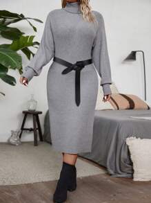 Calvaya Vestido de suéter de cuello alto de diseño ceñido a la cintura, de moda y sencillo en tallas grandes