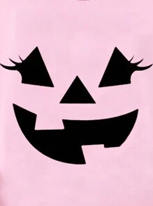 SHEIN Young Girl Mother & Daughter Pink Crewneck Sweatshirts, Matching Funny Face Prints, Casual Pullover For Halloween Festival, For Halloween Party - Pink - View 5