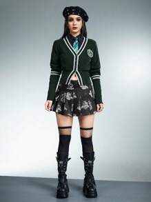 Harry Potter | ROMWE Slytherin House Contrast Piping Cardigan For Women - Dark Green - View 5