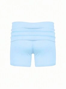 INAWLY Quần short thường ngày mùa hè xếp li đơn giản dành cho nữ - Màu xanh nhạt - Xem 2