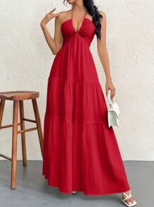 Firerie 女士浪漫花卉印花海滩度假吊带 V 领褶皱露背 A 字裙，适合夏季夏威夷 - 紅色 - 查看 6