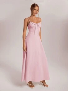 Aloruh Women's Summer Vacation Dress With Fishbone Design & Ruffled Hem,Pastel Dresses For Women - Pink - View 4