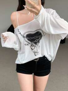 DAZY 女式不对称露背长袖 T 恤、图案 T 恤、秋季女装