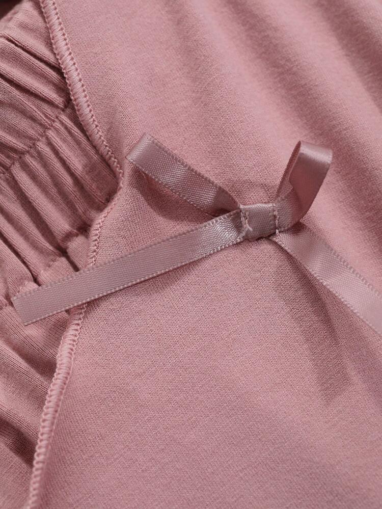 Soft Knit Simple Wavy Hem Bow Decor Loungewear Set Pajama
