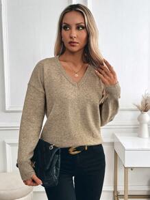 SHEIN LUNE Fashionable Loose Casual V-Neck Sweater For Women - Khaki - View 3