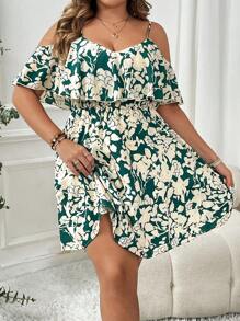 SHEIN VCAY Đầm suông hở vai in họa tiết hoa cỡ lớn cho nữ - Màu xanh lá cây đậm - Xem 5
