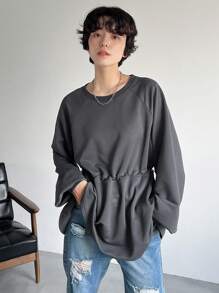 FRIFUL 女士灰色荷叶边下摆圆领T恤，秋装 - 灰色 - 查看 5