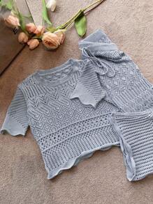 DAZY 2 bucăți/Set Tricou tricotat cu gât roșu și mini-fustă cu noduri ținută elegantă, volan - Albastru - Vizualizare 6