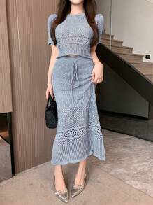 DAZY 2 bucăți/Set Tricou tricotat cu gât roșu și mini-fustă cu noduri ținută elegantă, volan - Albastru - Vizualizare 8