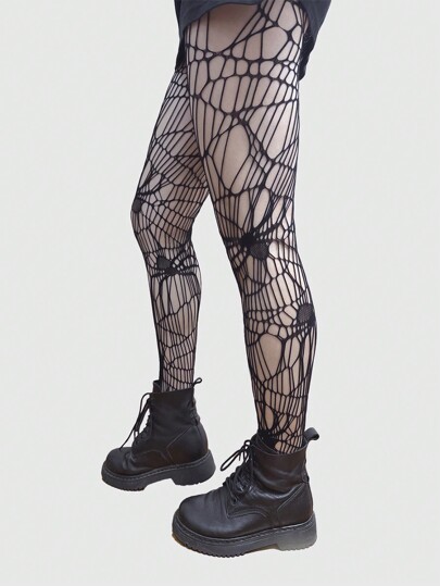 Goth 1pair Spider Web Pattern Fishnet Tights, Halloween