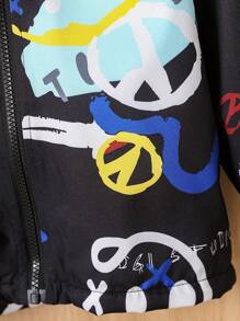 SHEIN Áo khoác trùm đầu rộng rãi cho bé trai có in họa tiết kỹ thuật số Graffiti, phong cách đường phố cho du lịch và mặc hàng ngày, mùa đông - màu đen - Xem 5