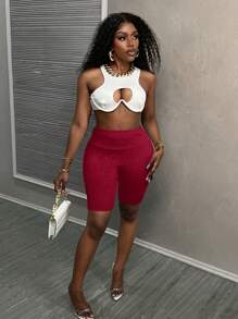 Slaydiva Zomer Casual Street Workwear, Driedimensionale zakken, Brede taille, Slim Fit broek, Fietsbroek, Licht gebreide damesshorts