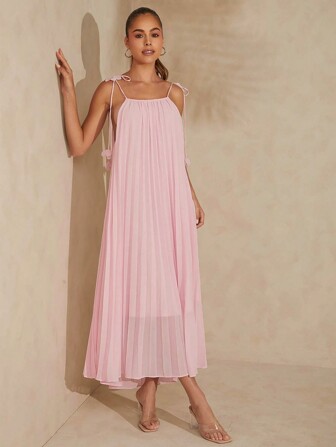 L'Amorae Pleated 3D Flower Strap Tie Detail Maxi Dress