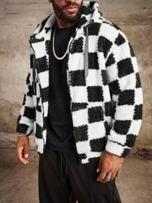 Manfinity Roughcore Áo khoác nam dài tay in họa tiết kẻ caro cỡ lớn thời trang cho mùa thu đông - Đen và trắng - Xem 3
