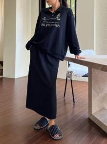 DAZY 线条画兔子印花翻领运动衫和迷你裙休闲家居服套装睡衣 - 藏蓝色 - 查看 5
