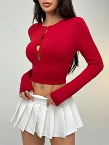 Muchica Áo thun nữ cổ tròn dài tay ôm sát quyến rũ ngọt ngào, áo thun nơ rỗng nhẹ nhàng - Màu Đỏ Sâu - Xem 5