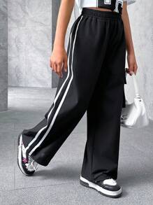 SHEIN 少女休闲宽松梭织运动裤，母女装（两件套，分开出售） - 黑色 - 查看 3