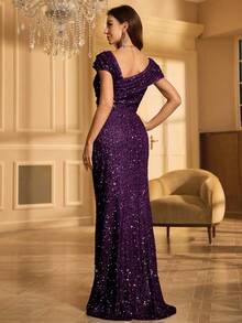 UNITHORSE 女士不对称领口褶皱亮片派对礼服 婚礼宾客礼服 正式礼服 晚礼服 新娘礼服 生日礼服 毕业礼服 春季优雅度假礼服 - 紫色 - 查看 2