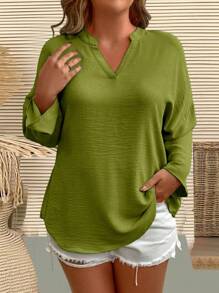 EMERY ROSE Blusa holgada de mangas largas con cuello en V y hombros caídos para mujeres tallas grandes, para primavera y verano