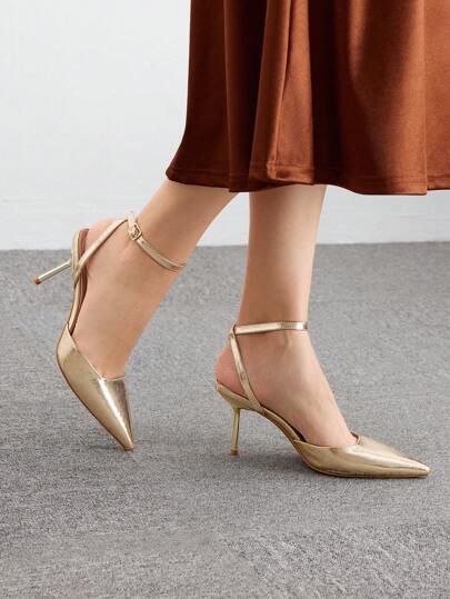 CUCCOO BIZCHIC Tacones altos de color dorado con correa de tobillo y punta puntiaguda para mujeres, ideales para ir al trabajo, citas, fiestas, bodas, vacaciones, Navidad, otoño, Año Nuevo y San Valentín