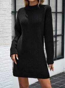 SHEIN LUNE Black Simple High Neck Casual Fashion Streetwear Sweater Dress For Women, Autumn/Winter