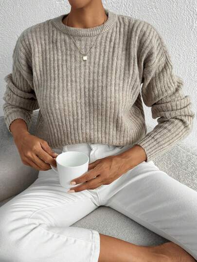 EURMUSE Women'S Round Neck Drop Shoulder Sweater
