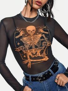 Eljasssss Blusa casual de mujer artista con cuello redondo, estampado de calavera en malla, en negro, estilo Y2K, urbano, oscuro, para Halloween, salidas, festivales, estilo occidental