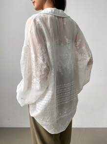 FRIFUL 女士纯色不对称透明蕾丝长袖衬衫、长袖上衣