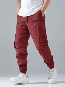 Manfinity Hypemode Loose Men Flap Pocket Side Drawstring Waist Cargo Pants - Burgundy - View 3