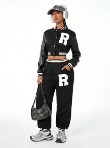 SHEIN EZwear Women's Fall Letter Graphic Striped Trim Crop Varsity Pu Contrast Jacket & Sweatpants Two Pieces Outfits - Black - View 6