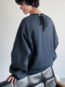 Women's Loose Fit Solid Color Fleece Pullover With Drawstring Back,Fall Women Clothes Sweatshirt,Winter - Blue - View 10
