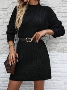 SHEIN LUNE Black Simple High Neck Casual Fashion Streetwear Sweater Dress For Women, Autumn/Winter