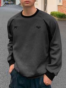 DAZY Men's Casual Letter Printed Raglan Sleeve Long Sleeve Loose Sweatshirt, Spring Autumn - Black - View 4