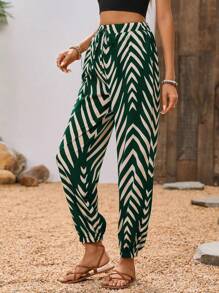 Breezaya Women's Drawstring All-Over Print Fashionable Casual Harem Pants - Dark Green - View 5