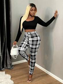 SHEIN SXY Women's Plaid High Waist Slim Leg Pants, Casual Daily Wear High Waisted Pants