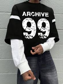 Manfinity Dauomo Camiseta casual de manga larga con cuello redondo y estampado de letras para hombres, con diseño 2 en 1 para primavera y verano, camiseta gráfica