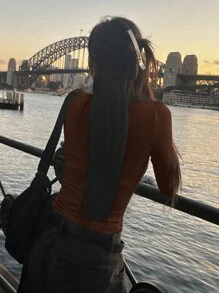 DAZY 女式 V 领长袖修身优雅甜美时尚紧身 T 恤秋季上衣 - 咖啡棕 - 查看 2