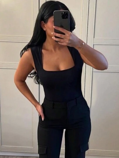 INAWLY Enfärgad ärmlös kropp för kvinnor med fyrkantig halsringning, sommarsexig