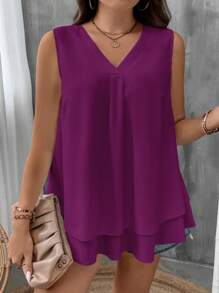 SHEIN LUNE Áo thun nữ cổ chữ V không tay màu trơn nhiều lớp thiết kế rộng rãi thoải mái màu tím mùa thu quần áo - Màu đỏ tím - Xem 6