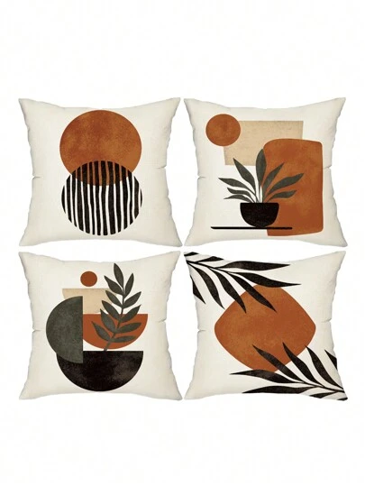 4 件套波西米亚风涤纶抱枕套，抽象日落植物橄榄叶方形靠垫套，装饰枕套，适用于户外、客厅、卧室、沙发、家居装饰、房间装饰、派对装饰，单面印花，无枕芯，圣诞节可作为节日礼物