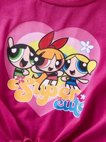 THE POWERPUFF GIRLS X SHEIN 2pcs Young Girl Cartoon Print Knot Hem Short Sleeve T-Shirt And Flare Leg Pants Outfit