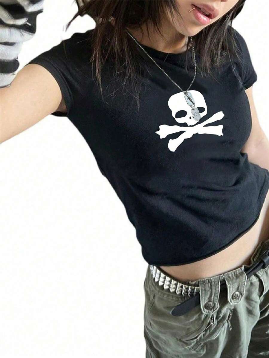 女士 Y2K 风格印花圆领短袖 T 恤，夏季休闲黑色 - 黑色 - 查看 1