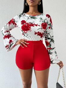 Zolique 2pcs/Set Atasan Wanita Lengan Panjang Leher Bulat Motif Seluruh Permukaan dan Celana Pendek Modis Slim-Fit untuk Musim Gugur - MultiWarna - View 4