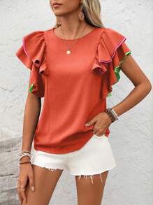 SHEIN LUNE Women's Casual Multi-Color Ruffle Sleeve Blouse - Burnt Orange - View 3