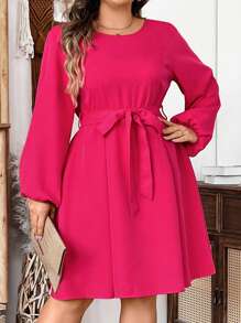 SHEIN Clasi Elegant Short Plus Size Women's Solid Color Round Neck Lantern Sleeve Dress With Pockets, Spring/Summer - Hot Pink - View 7