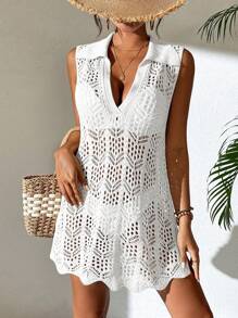 SHEIN Swim 女士纯色翻领贝壳边透明无袖沙滩裙夏季 - 白色 - 查看 5