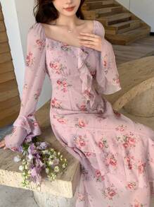 DAZY Damen Maxikleid mit Blumen Muster, Patchwork und Rüschen Ärmeln für den Urlaub