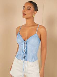L'Amorae Lace Trim Overlay Tie Cami Crop Top - Blue - View 4