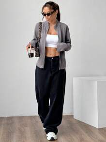 SHEIN Unity Spring Autumn Casual Solid Stand Collar Jacket - Dark Grey - View 3